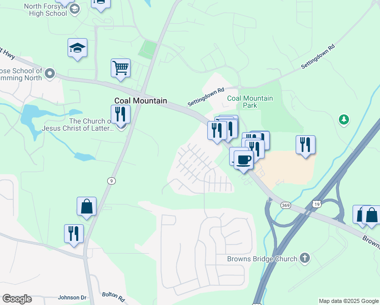 map of restaurants, bars, coffee shops, grocery stores, and more near 3811 Holliwell Pass in Cumming