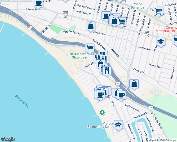 map of restaurants, bars, coffee shops, grocery stores, and more near 2053 Pierpont Boulevard in Ventura