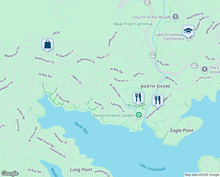 map of restaurants, bars, coffee shops, grocery stores, and more near 28105 West Shore Road in Lake Arrowhead