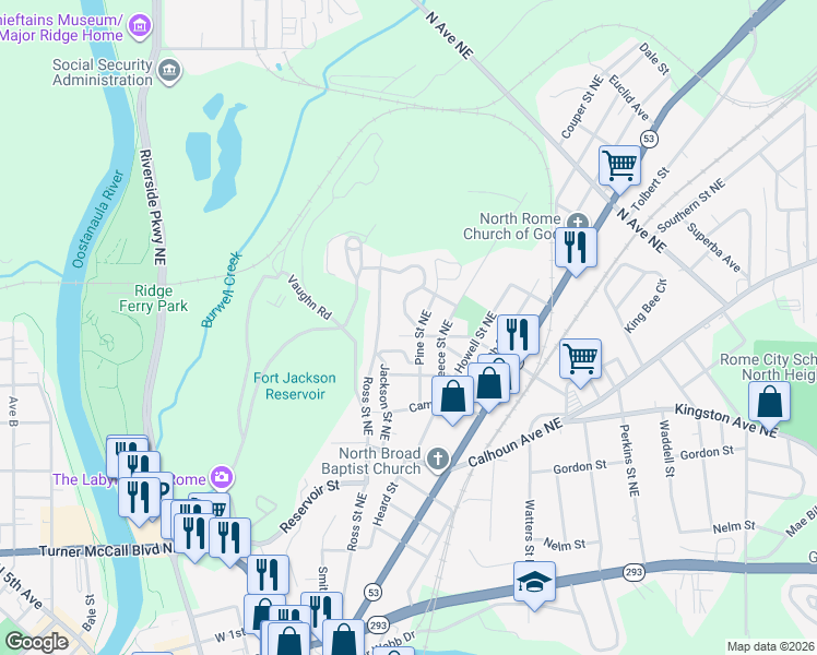map of restaurants, bars, coffee shops, grocery stores, and more near 113 Pine Street Northeast in Rome