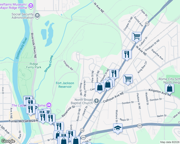 map of restaurants, bars, coffee shops, grocery stores, and more near 113 Pine Street Northeast in Rome