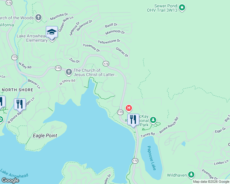 map of restaurants, bars, coffee shops, grocery stores, and more near 28971 North Shore Road in Lake Arrowhead