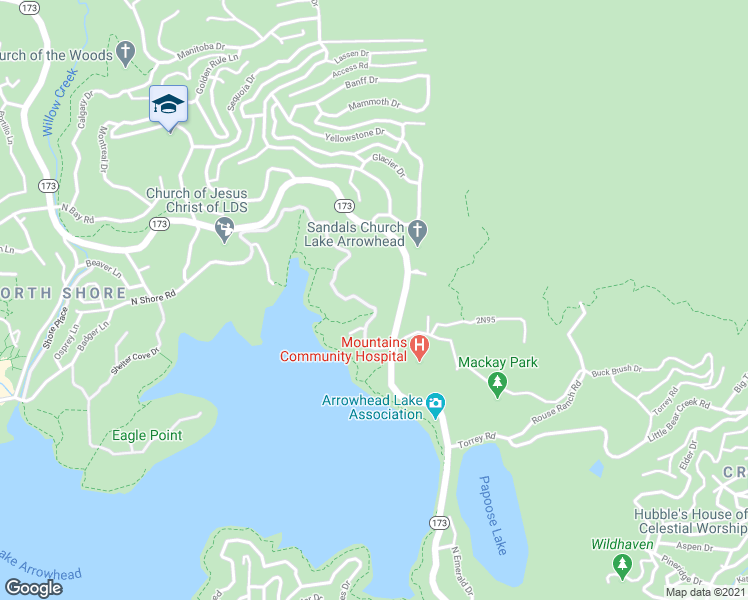 map of restaurants, bars, coffee shops, grocery stores, and more near 28972 North Shore Road in Lake Arrowhead