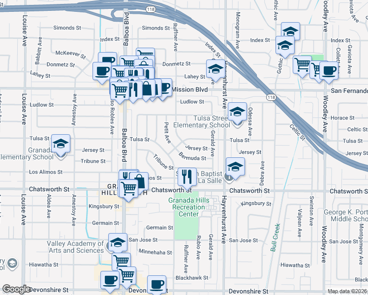map of restaurants, bars, coffee shops, grocery stores, and more near 16745 Bermuda Street in Los Angeles
