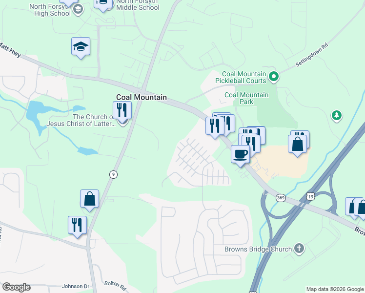 map of restaurants, bars, coffee shops, grocery stores, and more near 3822 Holliwell Pass in Cumming