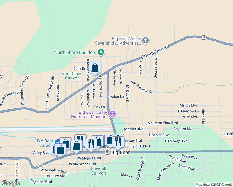 map of restaurants, bars, coffee shops, grocery stores, and more near 1008 Sierra Avenue in Big Bear