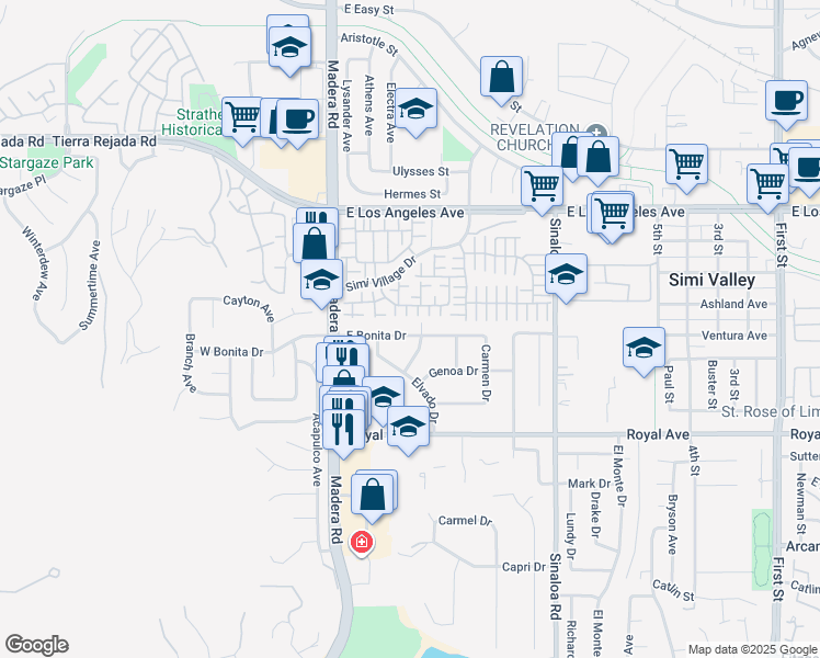 map of restaurants, bars, coffee shops, grocery stores, and more near 233 East Bonita Drive in Simi Valley