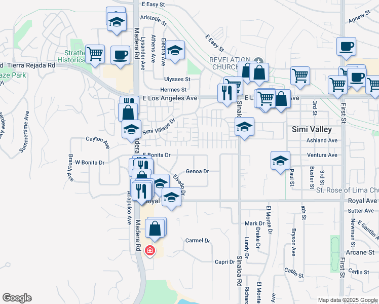 map of restaurants, bars, coffee shops, grocery stores, and more near 283 East Bonita Drive in Simi Valley