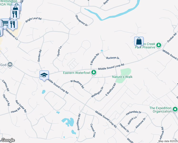 map of restaurants, bars, coffee shops, grocery stores, and more near 730 Middle Sound Loop Road in Wilmington