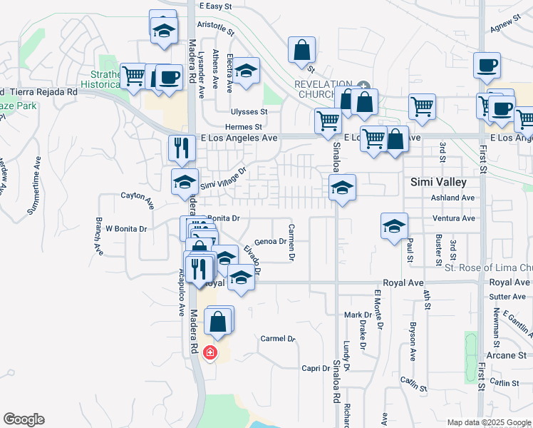 map of restaurants, bars, coffee shops, grocery stores, and more near 1598 Cayuga Drive in Simi Valley