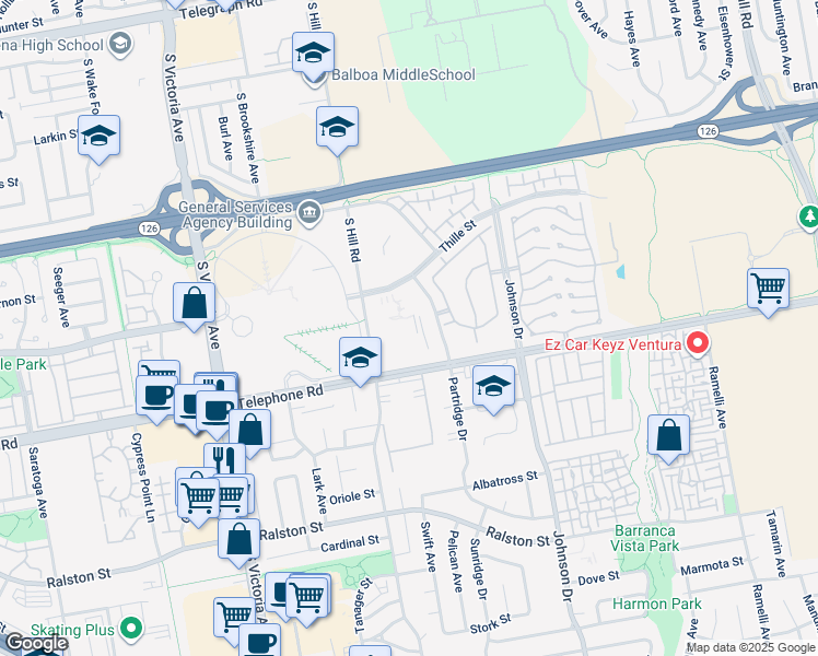 map of restaurants, bars, coffee shops, grocery stores, and more near 6555 Telephone Road in Ventura