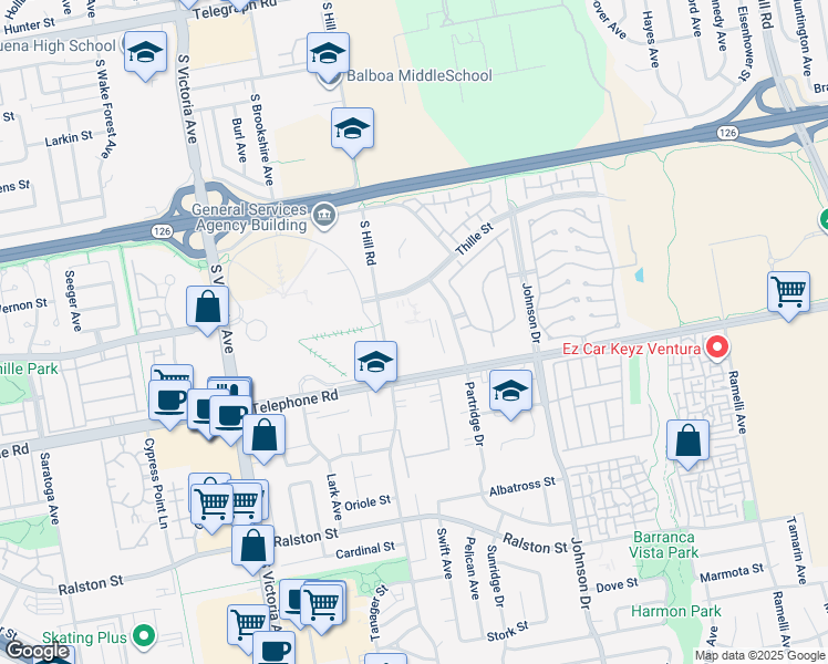map of restaurants, bars, coffee shops, grocery stores, and more near 6555 Telephone Road in Ventura