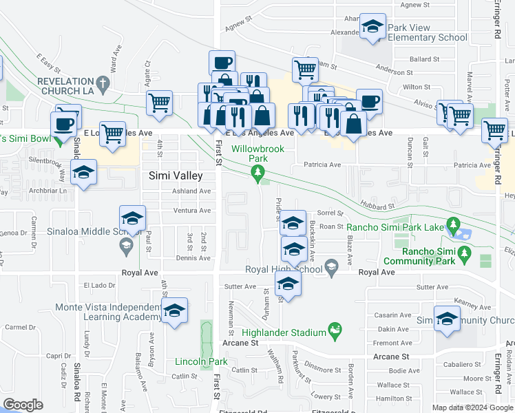 map of restaurants, bars, coffee shops, grocery stores, and more near 1621 Willowbrook Lane in Simi Valley