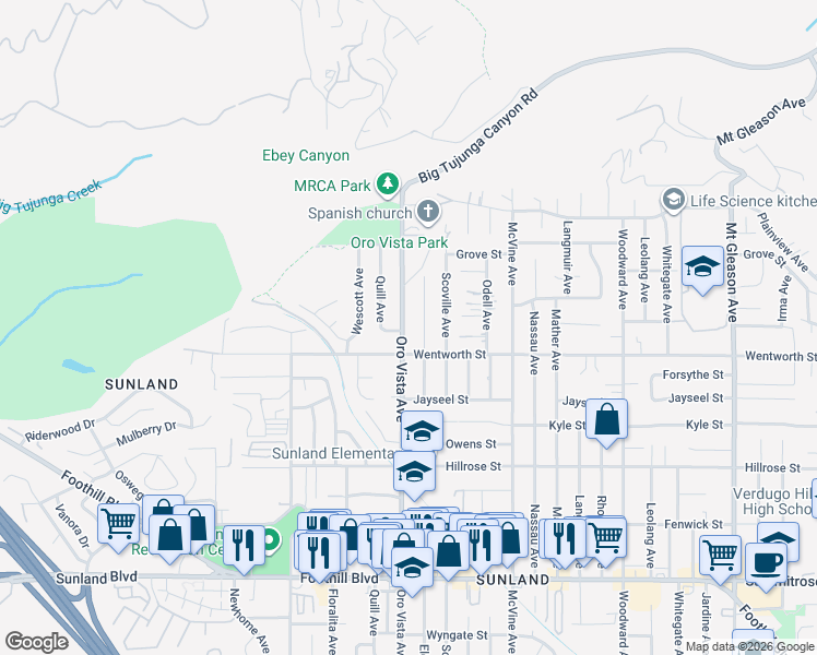 map of restaurants, bars, coffee shops, grocery stores, and more near 10932 Oro Vista Avenue in Los Angeles