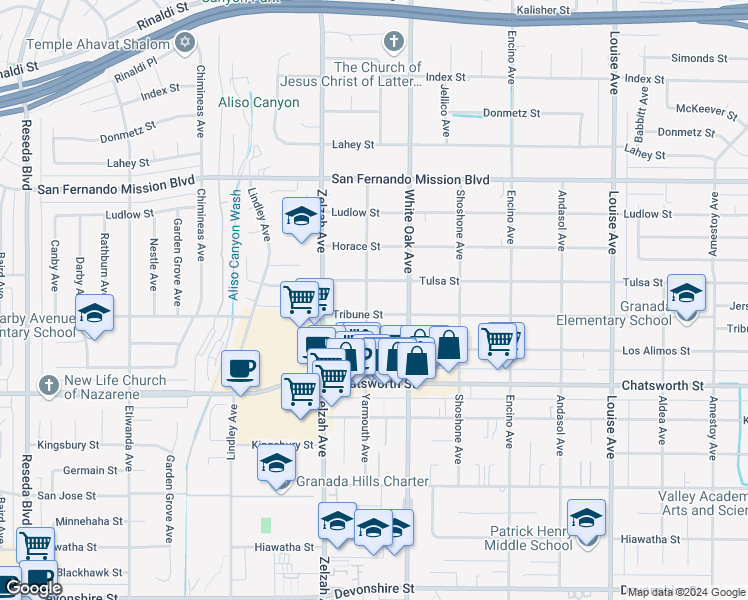 map of restaurants, bars, coffee shops, grocery stores, and more near 10862 Yarmouth Avenue in Los Angeles