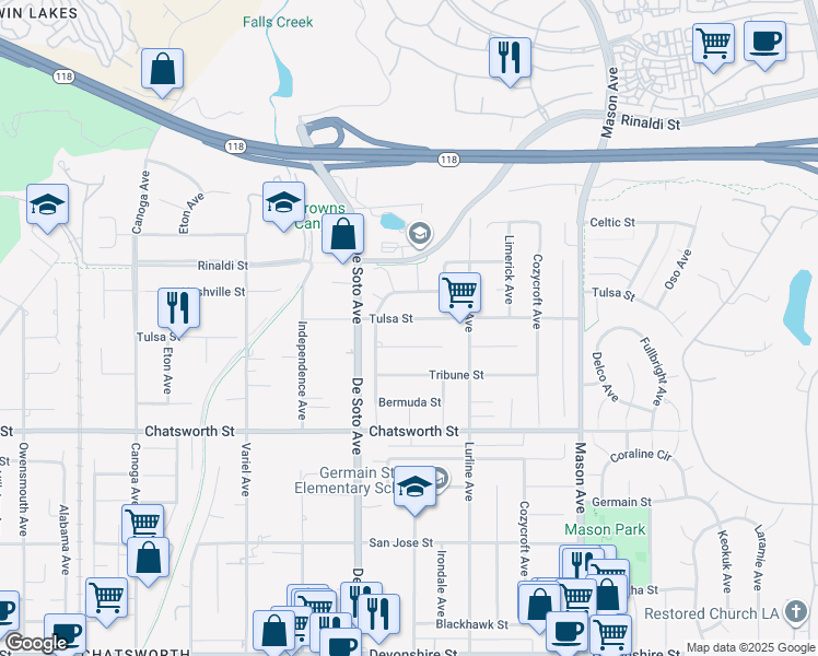 map of restaurants, bars, coffee shops, grocery stores, and more near 20800 Tulsa Street in Los Angeles
