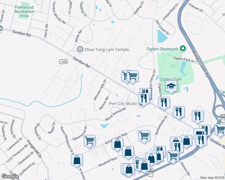 map of restaurants, bars, coffee shops, grocery stores, and more near 6417 Cactus Drive in Wilmington