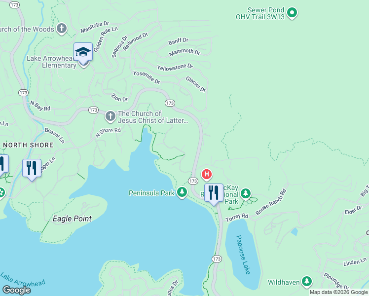 map of restaurants, bars, coffee shops, grocery stores, and more near 28972 North Shore Road in Lake Arrowhead