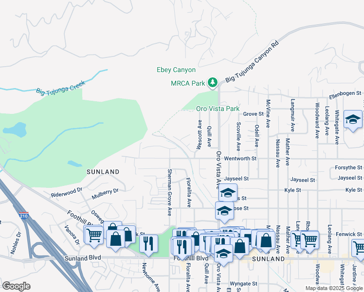 map of restaurants, bars, coffee shops, grocery stores, and more near 8528 Tujunga Valley Street in Los Angeles