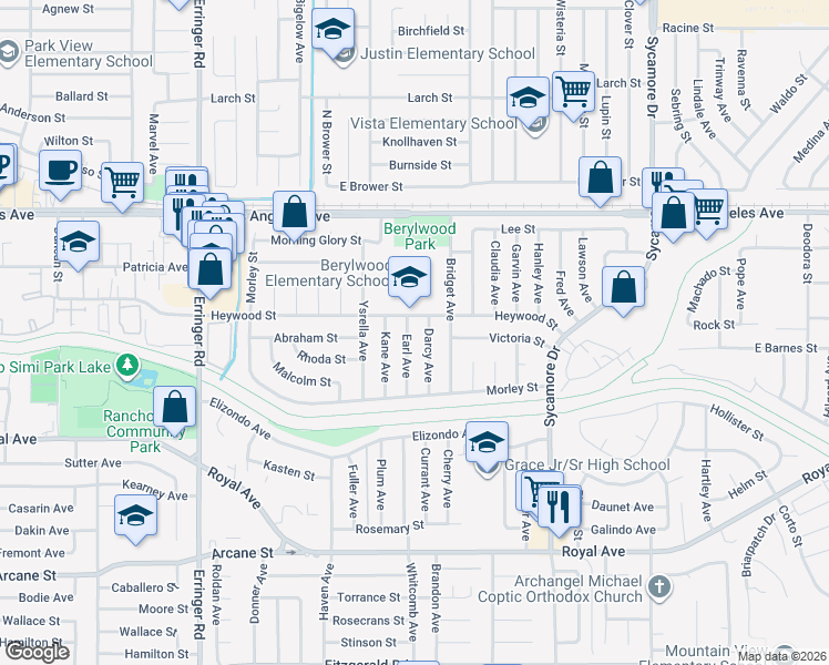 map of restaurants, bars, coffee shops, grocery stores, and more near 1636 Earl Avenue in Simi Valley