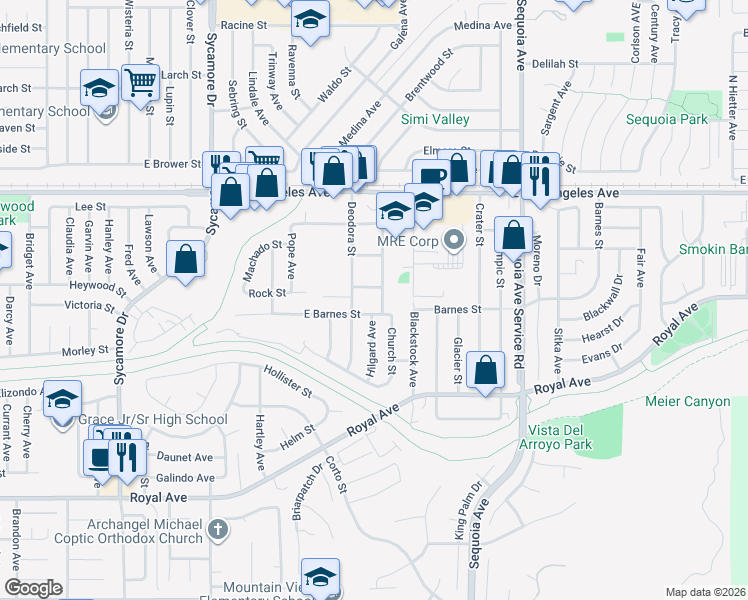 map of restaurants, bars, coffee shops, grocery stores, and more near 1647 Church Street in Simi Valley