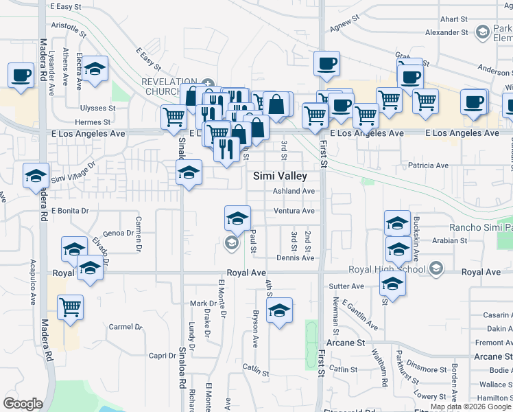 map of restaurants, bars, coffee shops, grocery stores, and more near 759 Ventura Avenue in Simi Valley