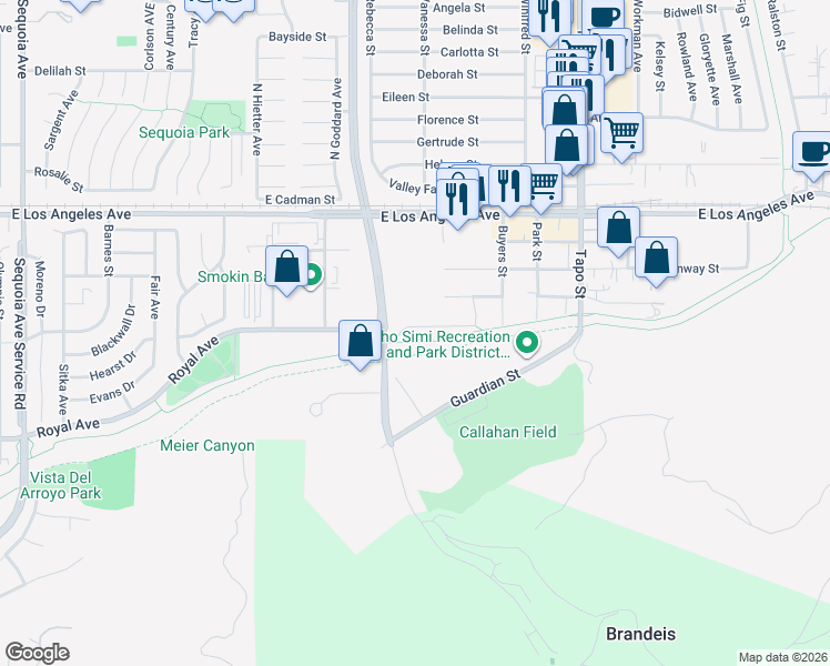 map of restaurants, bars, coffee shops, grocery stores, and more near 4120 Hi Drive in Simi Valley