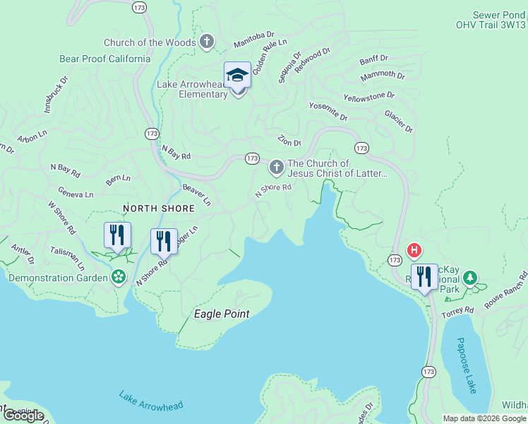 map of restaurants, bars, coffee shops, grocery stores, and more near 28641 North Shore Road in Lake Arrowhead