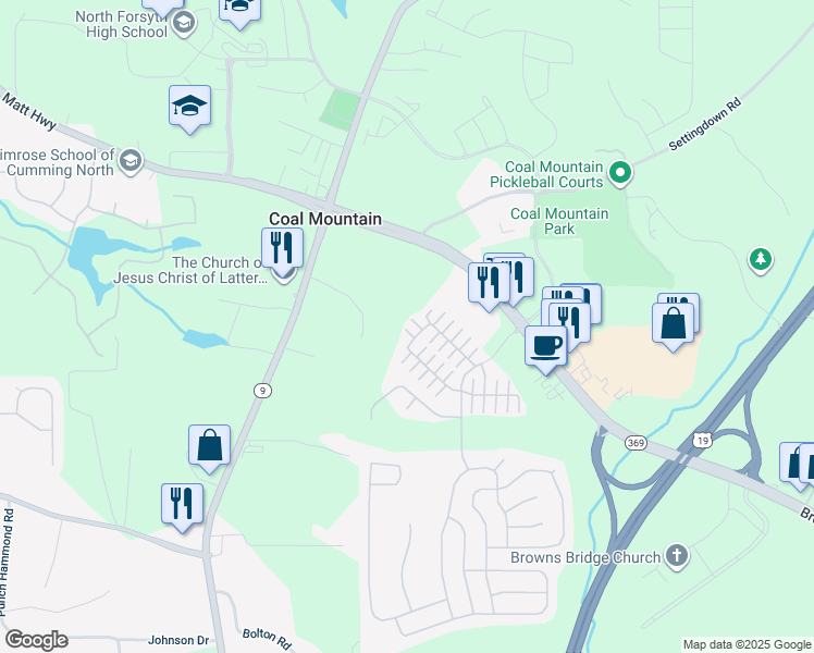 map of restaurants, bars, coffee shops, grocery stores, and more near 3848 Holliwell Pass in Cumming