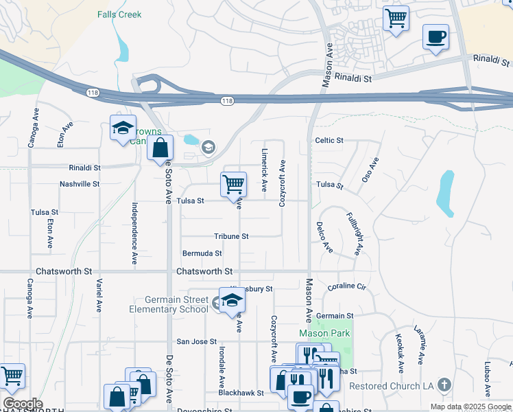 map of restaurants, bars, coffee shops, grocery stores, and more near 20609 Horace Street in Los Angeles