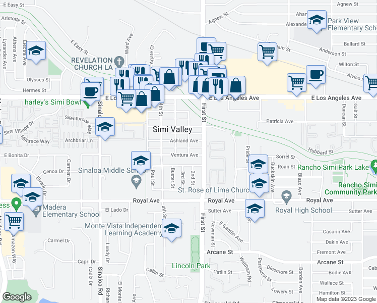 map of restaurants, bars, coffee shops, grocery stores, and more near 960 Ventura Avenue in Simi Valley