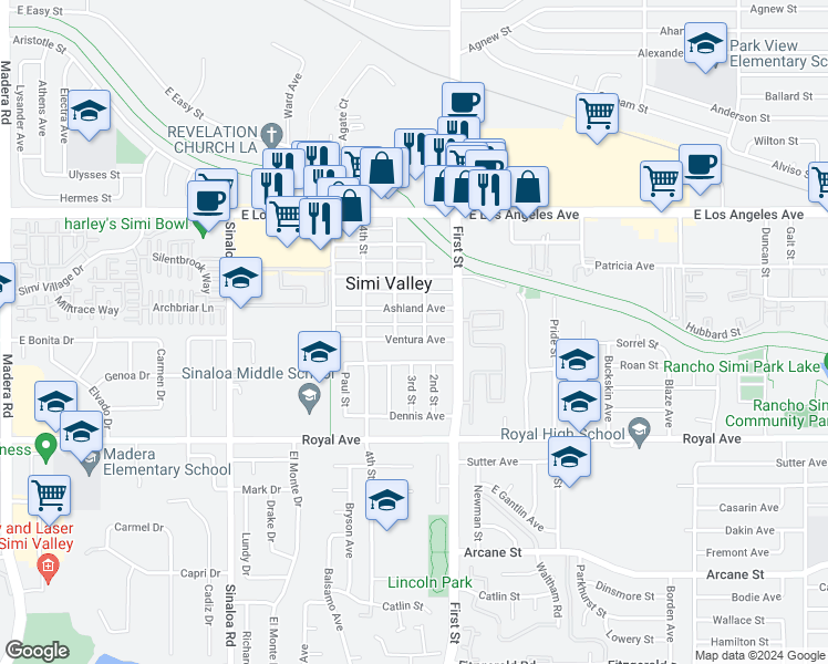 map of restaurants, bars, coffee shops, grocery stores, and more near 960 Ventura Avenue in Simi Valley