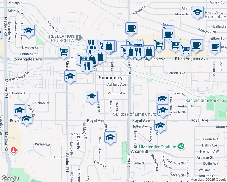 map of restaurants, bars, coffee shops, grocery stores, and more near 960 Ventura Avenue in Simi Valley