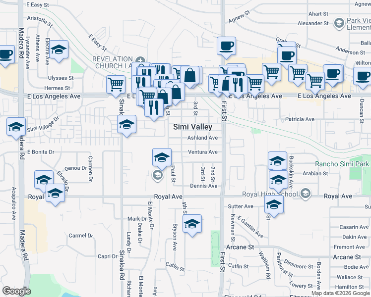 map of restaurants, bars, coffee shops, grocery stores, and more near 830 Ventura Avenue in Simi Valley