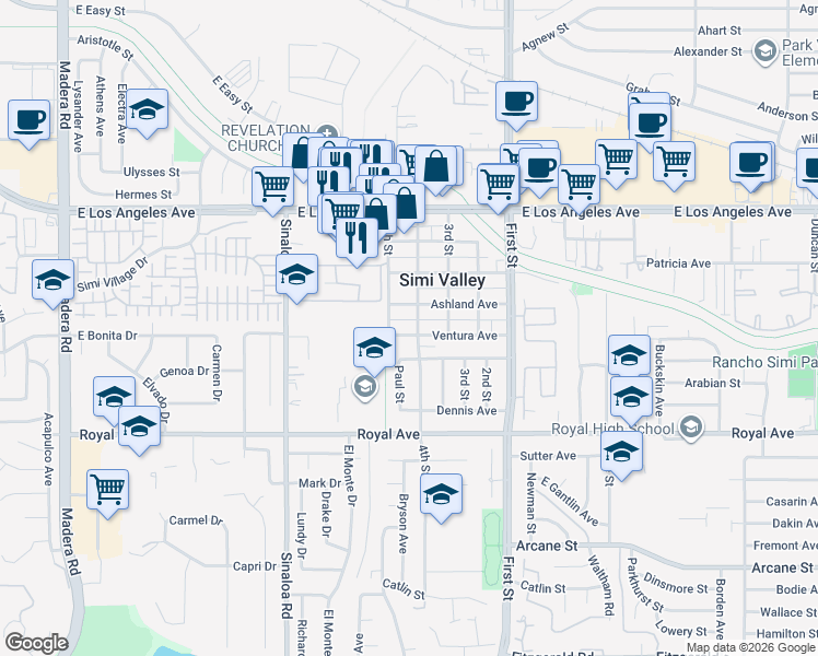 map of restaurants, bars, coffee shops, grocery stores, and more near 712 Ventura Avenue in Simi Valley