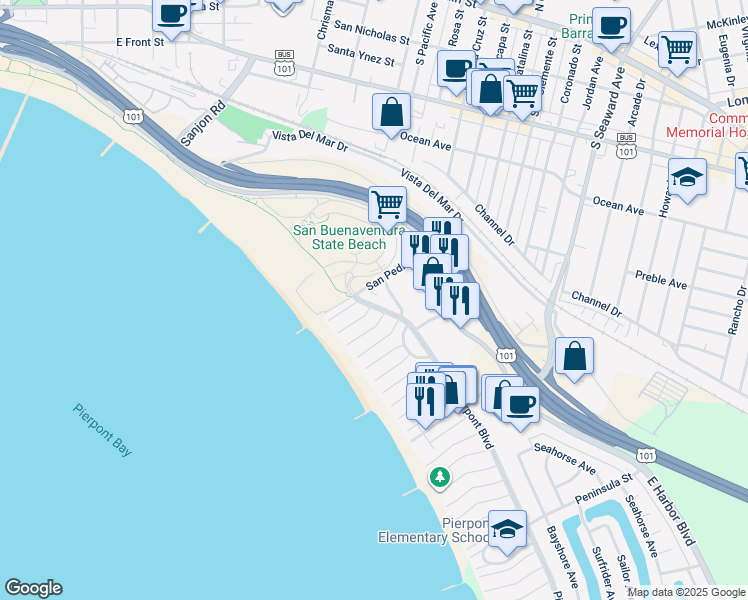 map of restaurants, bars, coffee shops, grocery stores, and more near 2063 Pierpont Boulevard in Ventura