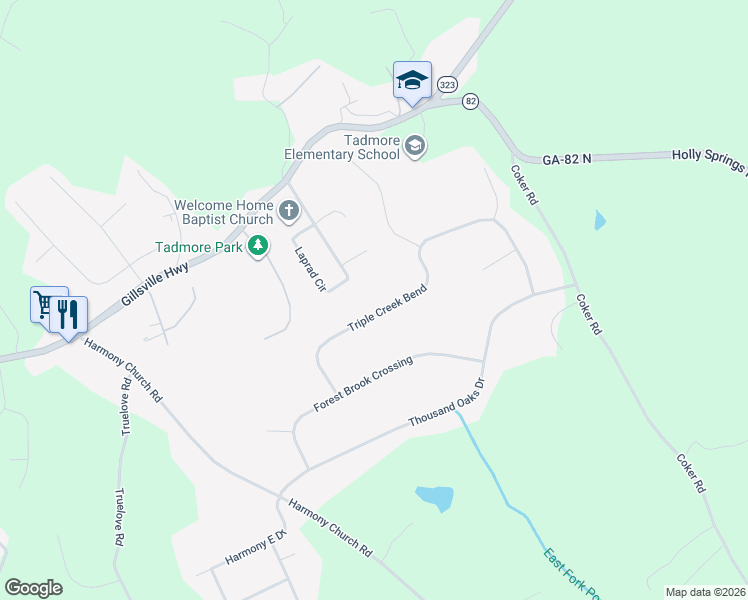 map of restaurants, bars, coffee shops, grocery stores, and more near 3451 Triple Creek Bend in Gainesville