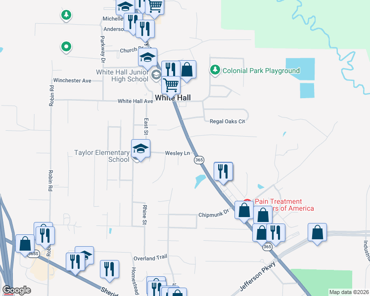 map of restaurants, bars, coffee shops, grocery stores, and more near 10 Wesley Lane in White Hall