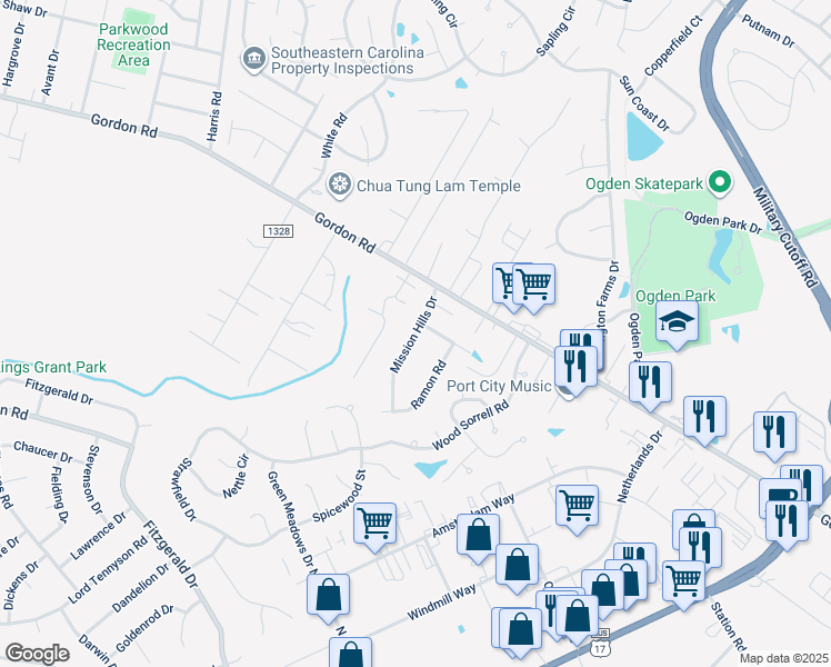 map of restaurants, bars, coffee shops, grocery stores, and more near 1849 Mission Hills Drive in Wilmington