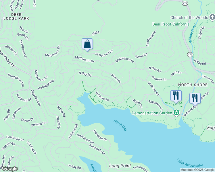 map of restaurants, bars, coffee shops, grocery stores, and more near 27829 North Bay Road in Lake Arrowhead