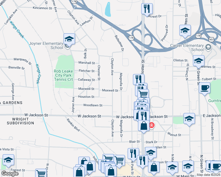 map of restaurants, bars, coffee shops, grocery stores, and more near 1107 Maxwell Street in Tupelo