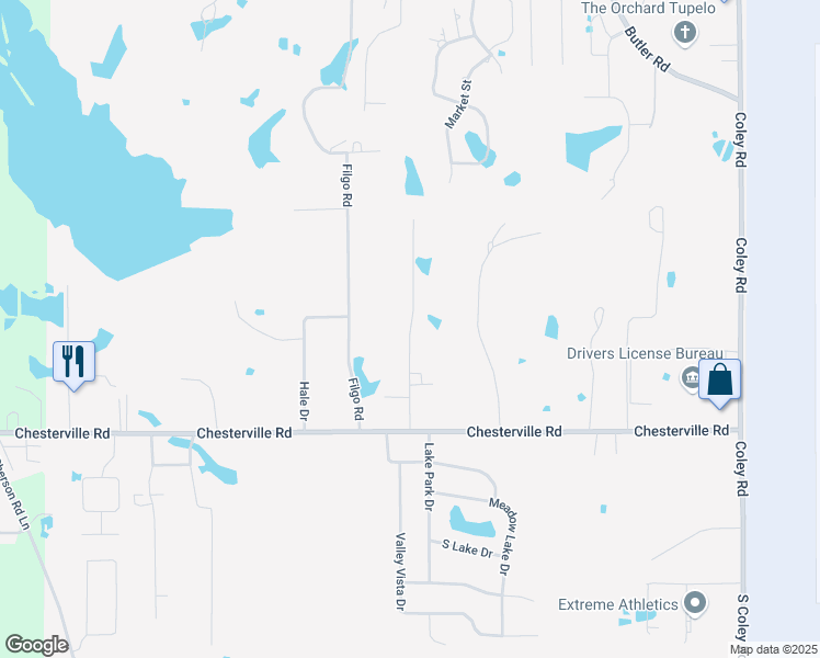 map of restaurants, bars, coffee shops, grocery stores, and more near 801 Highland Park in Tupelo