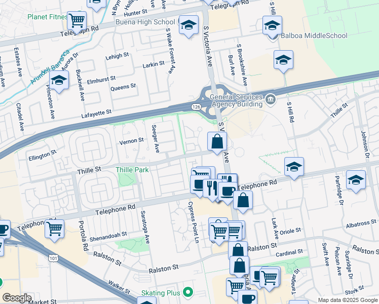 map of restaurants, bars, coffee shops, grocery stores, and more near 869 Miller Court in Ventura