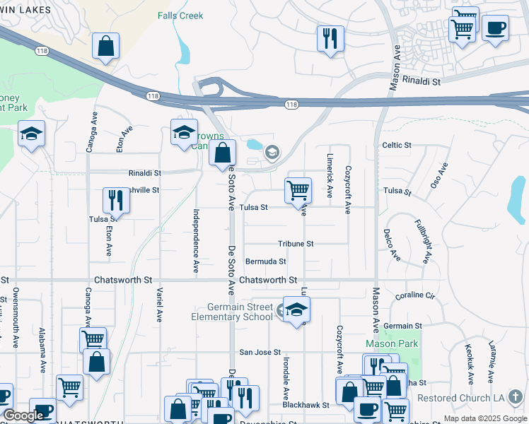 map of restaurants, bars, coffee shops, grocery stores, and more near 20800 Tulsa Street in Los Angeles