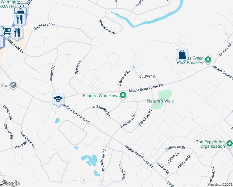 map of restaurants, bars, coffee shops, grocery stores, and more near 730 Middle Sound Loop Road in Wilmington