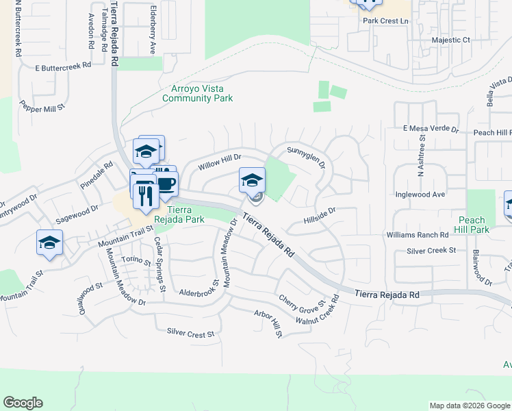 map of restaurants, bars, coffee shops, grocery stores, and more near 4200 Mountain Meadow Drive in Moorpark