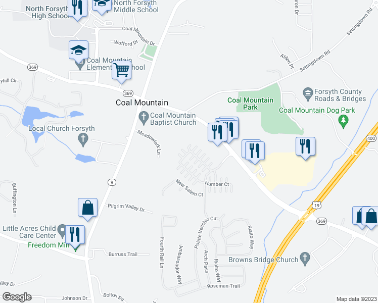 map of restaurants, bars, coffee shops, grocery stores, and more near 3801 Holliwell Pass in Cumming
