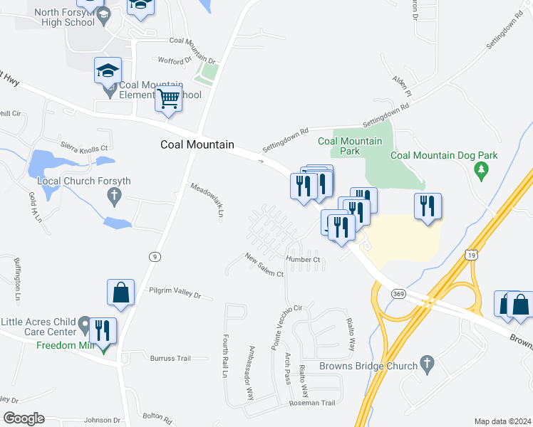 map of restaurants, bars, coffee shops, grocery stores, and more near 3685 Roseman Landing in Cumming