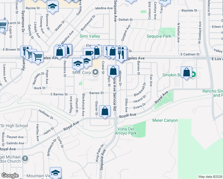 map of restaurants, bars, coffee shops, grocery stores, and more near 1638 Olympic Street in Simi Valley