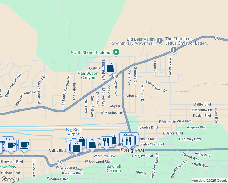 map of restaurants, bars, coffee shops, grocery stores, and more near 1009 Myrtle Avenue in Big Bear